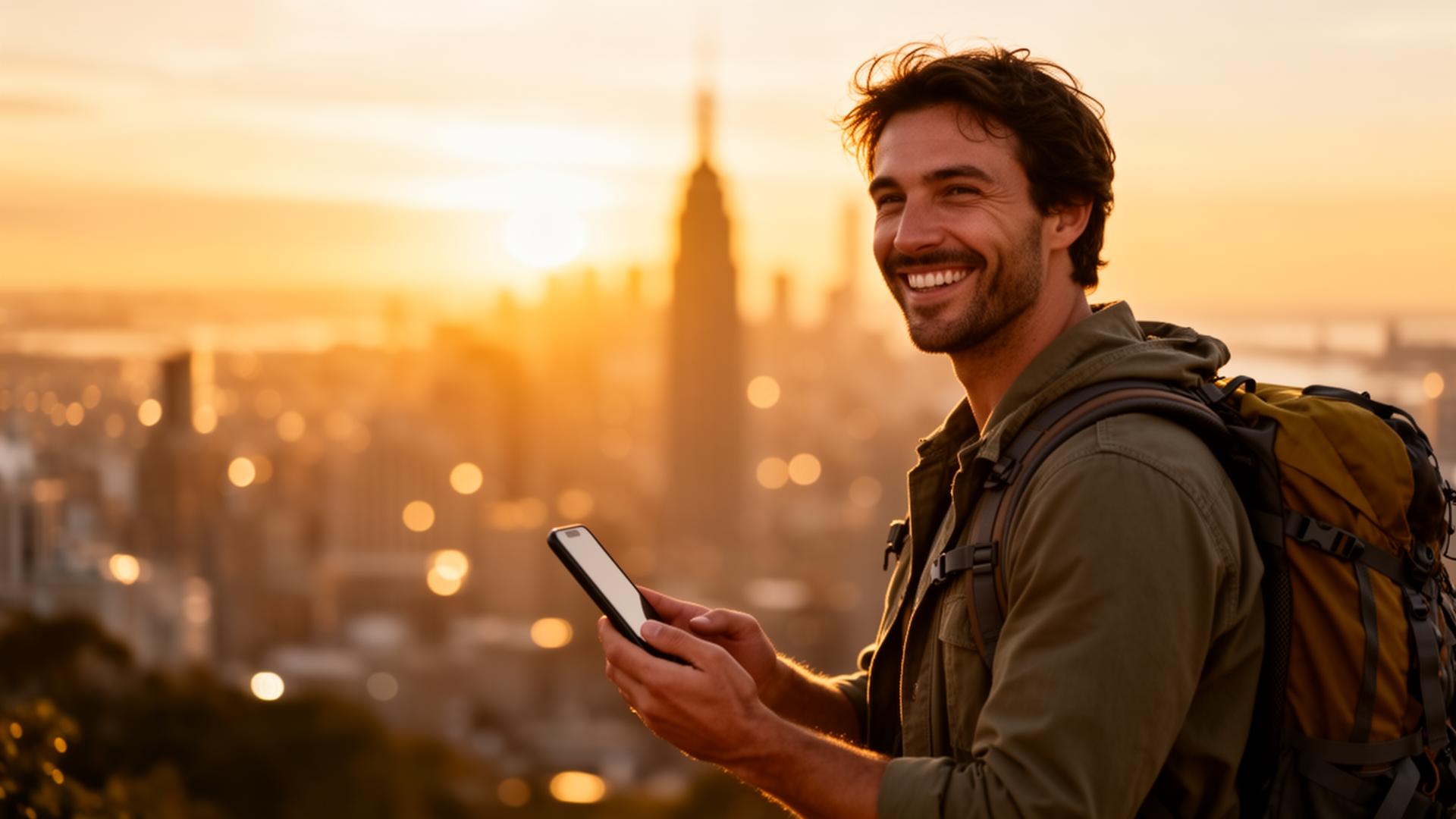 Traveler using ConnectSIM Mobile eSIM with a city skyline at sunset